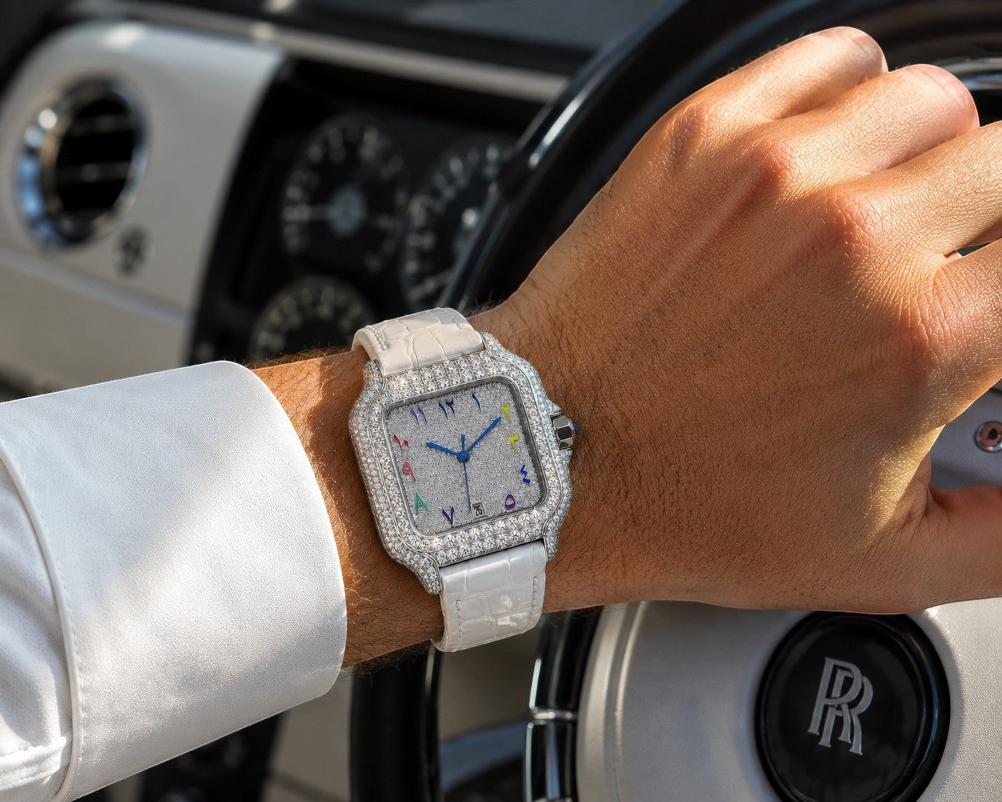 Petey's jewelry Silver moissanite iced-out square watch with colorful Arabic numerals and white band.