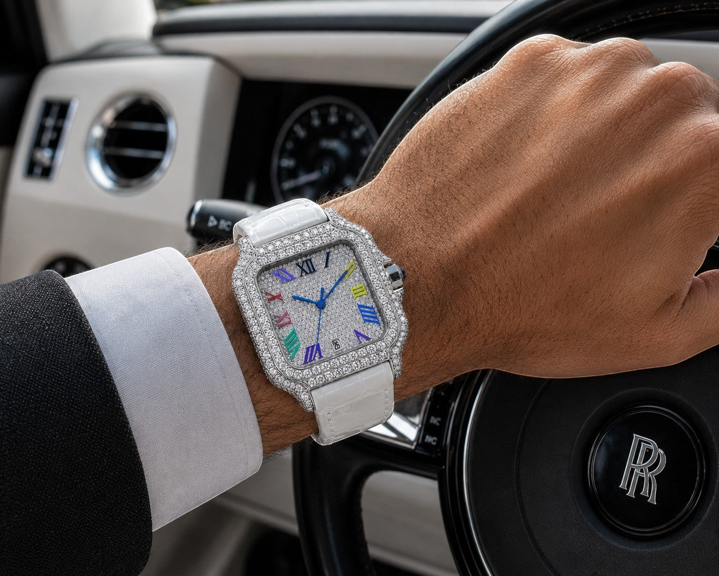 Petey's jewelry Silver moissanite iced-out square watch with colorful Roman numerals and white band.