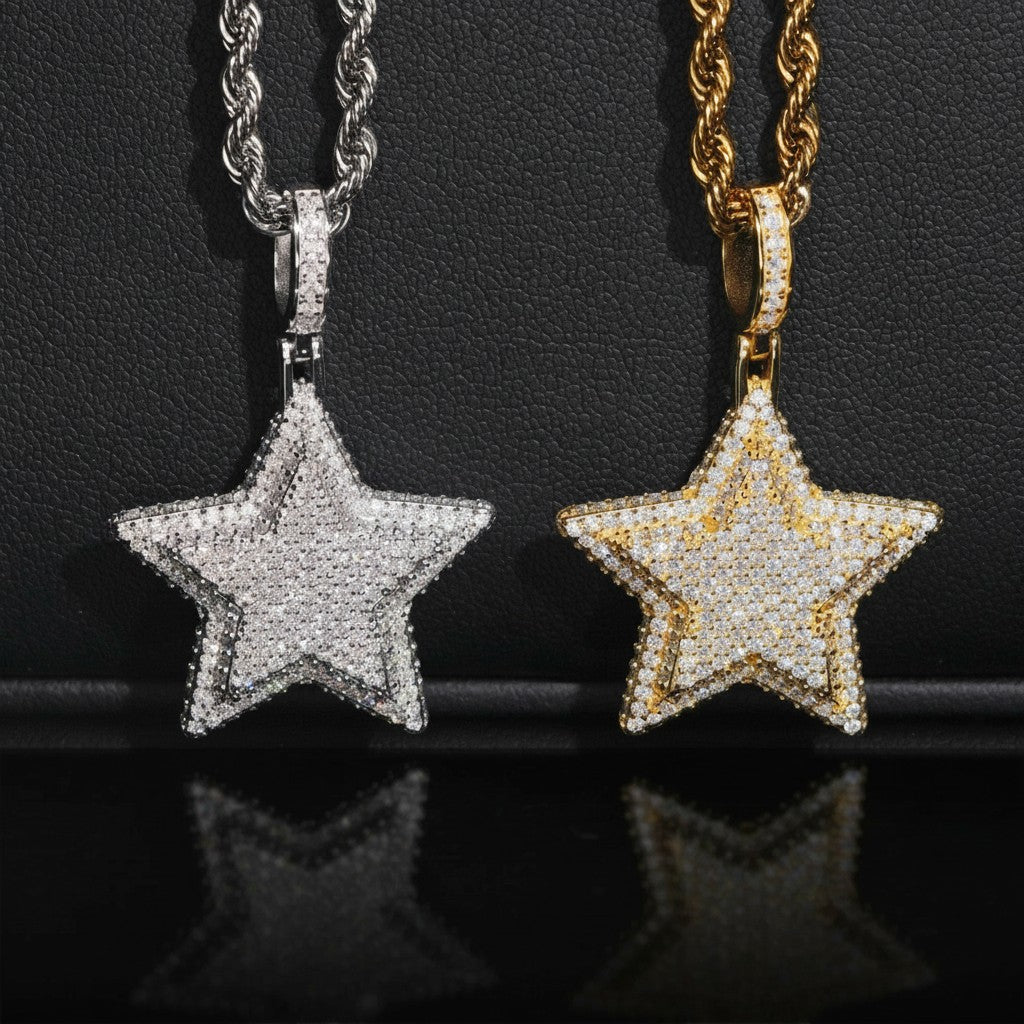Petey's jewelry hip hop 3D star pendants in silver and gold, featuring VVS moissanite stones on rope chains.