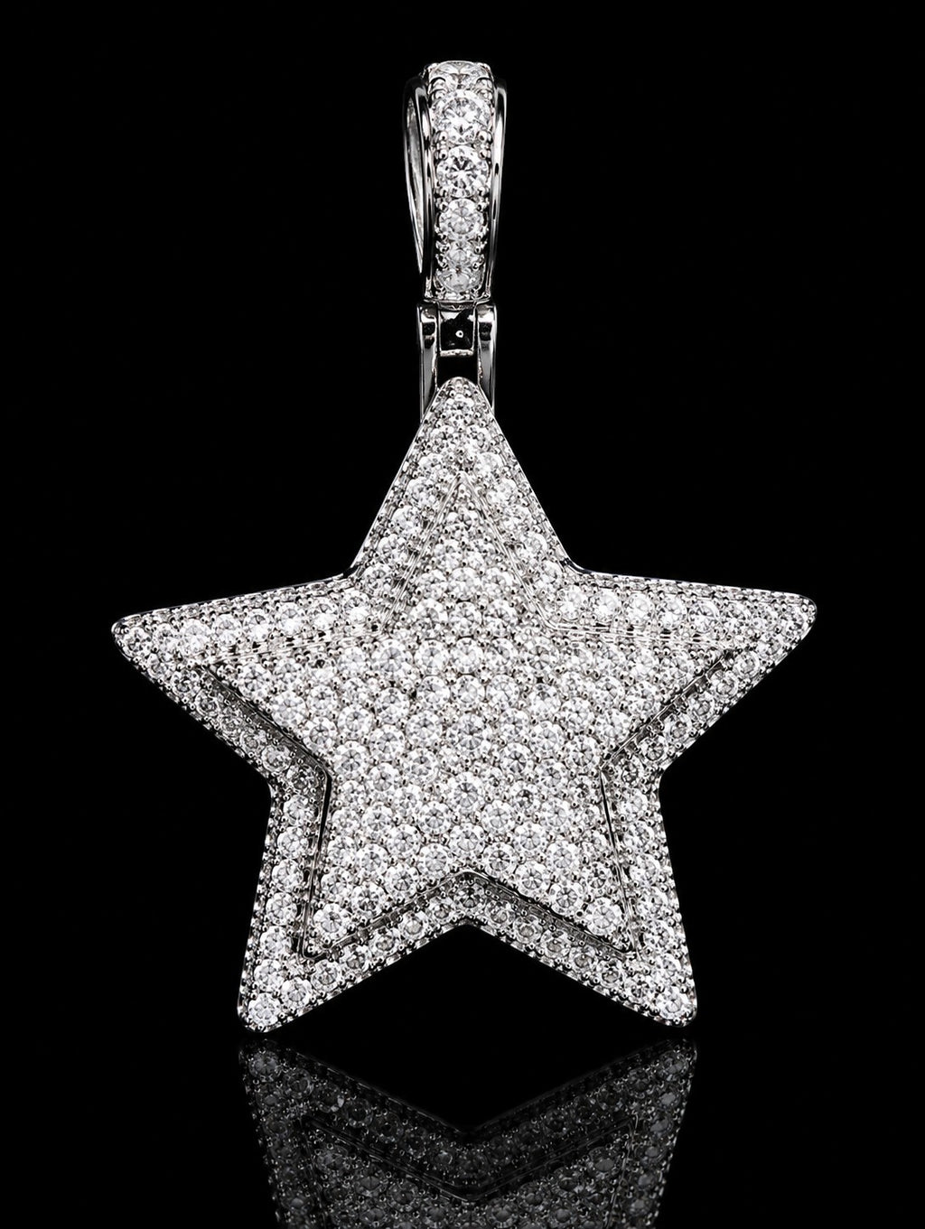 Petey's jewelry hiphop star pendant in 925 sterling silver, fully iced with round brilliant VVS moissanite stones.