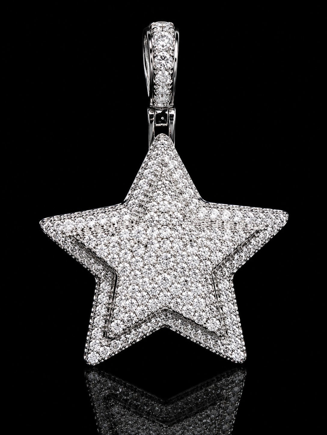 Petey's jewelry hiphop star pendant in 925 sterling silver, fully iced with round brilliant VVS moissanite stones.