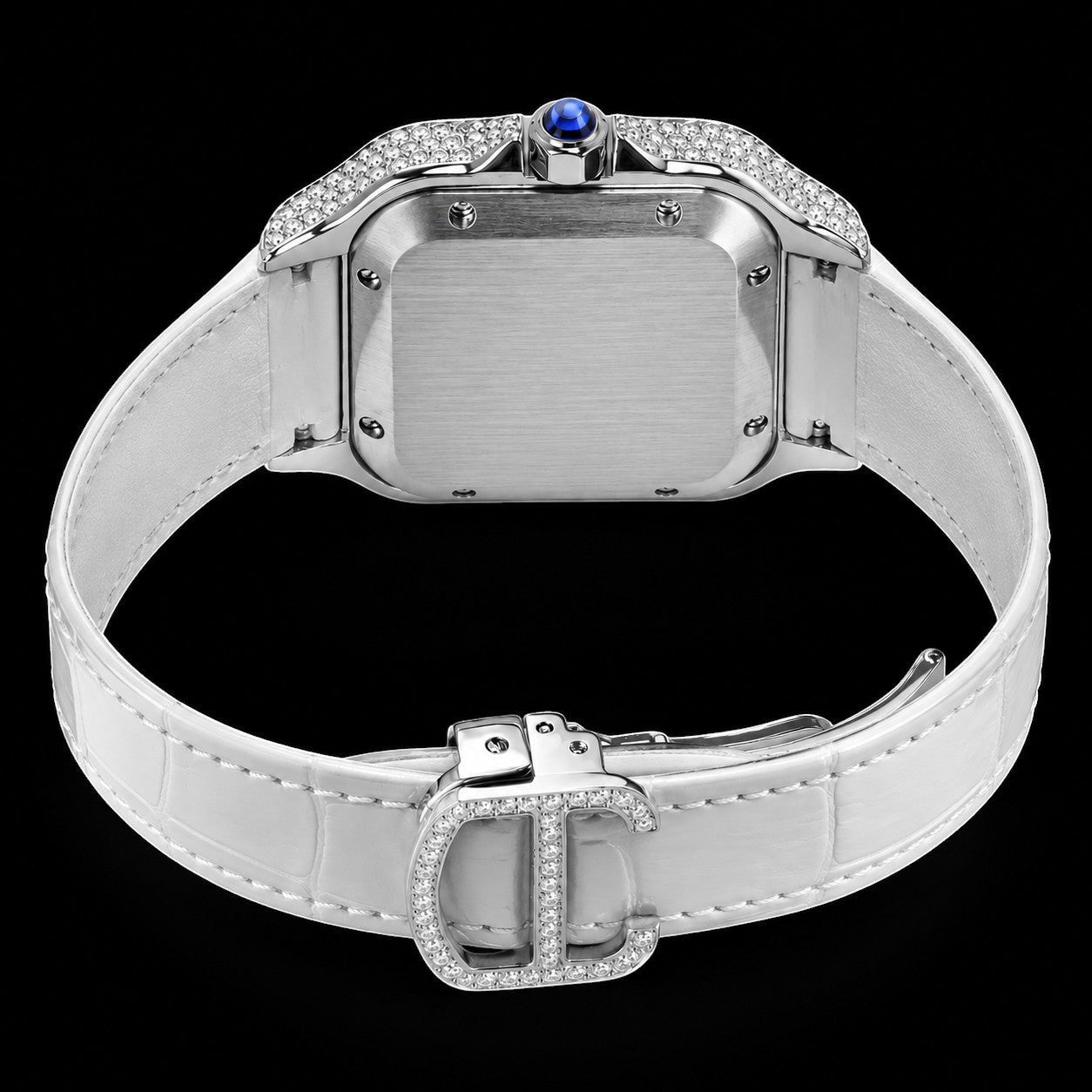Petey's jewelry white leather band watch with silver case, diamond bezel, and blue gem crown. Arabic numerals.
