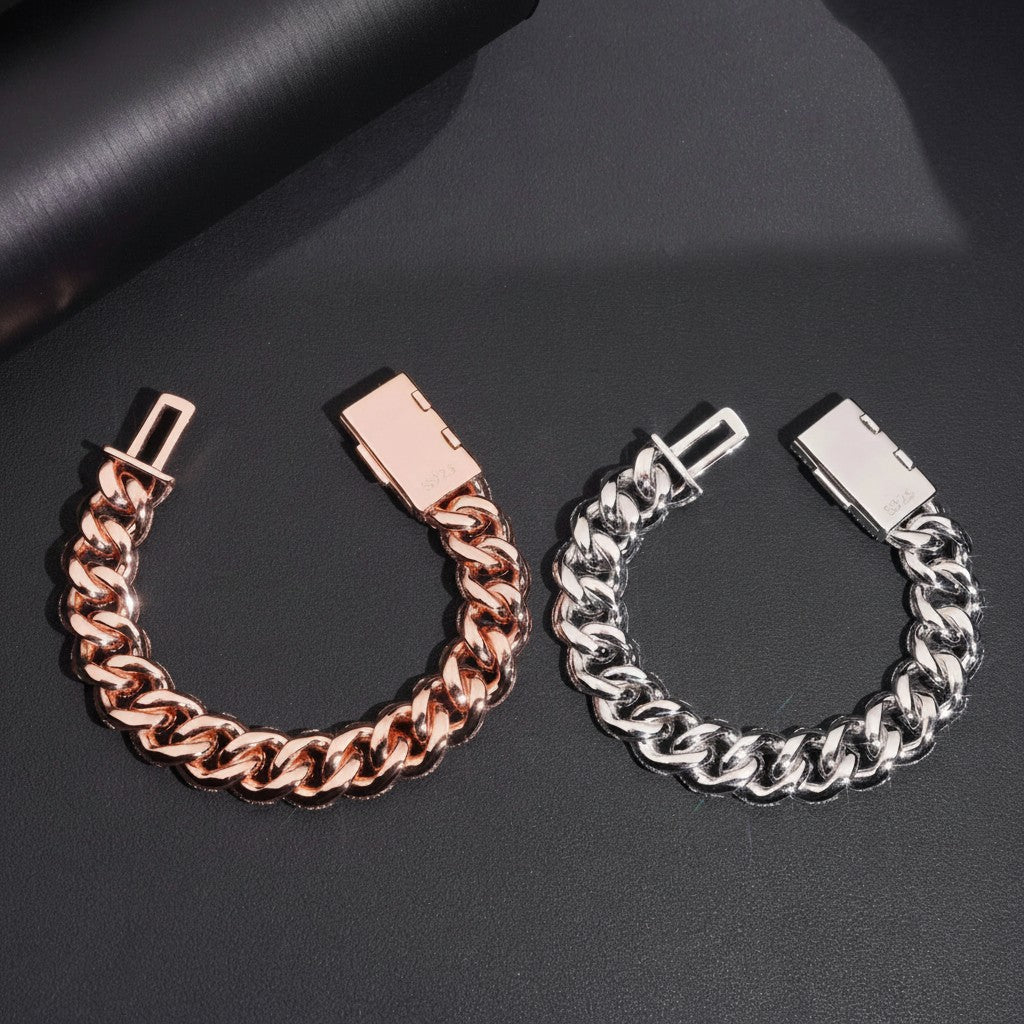 Petey's jewelry 925 sterling silver hip hop Cuban link bracelets in rose gold and silver tones with secure clasps.