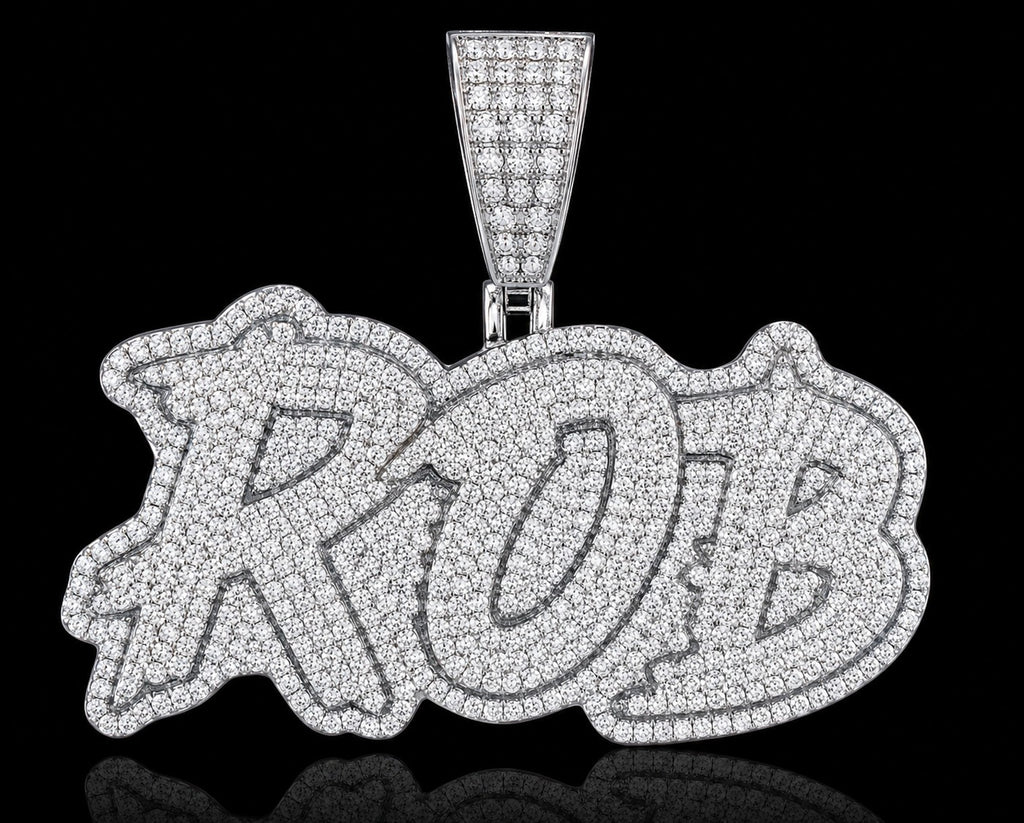 Petey's jewelry custom iced out name pendant in 925 sterling silver with VVS moissanite stones and claw setting.