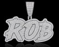 Petey's jewelry custom iced out name pendant in 925 sterling silver with VVS moissanite stones and claw setting.