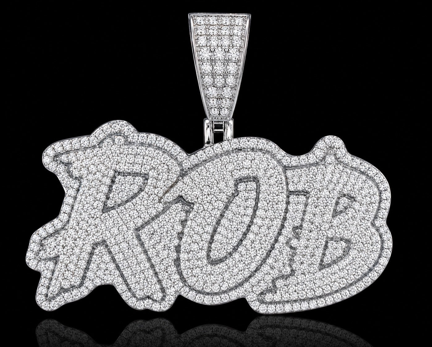 Petey's jewelry custom iced out name pendant in 925 sterling silver with VVS moissanite stones and claw setting.