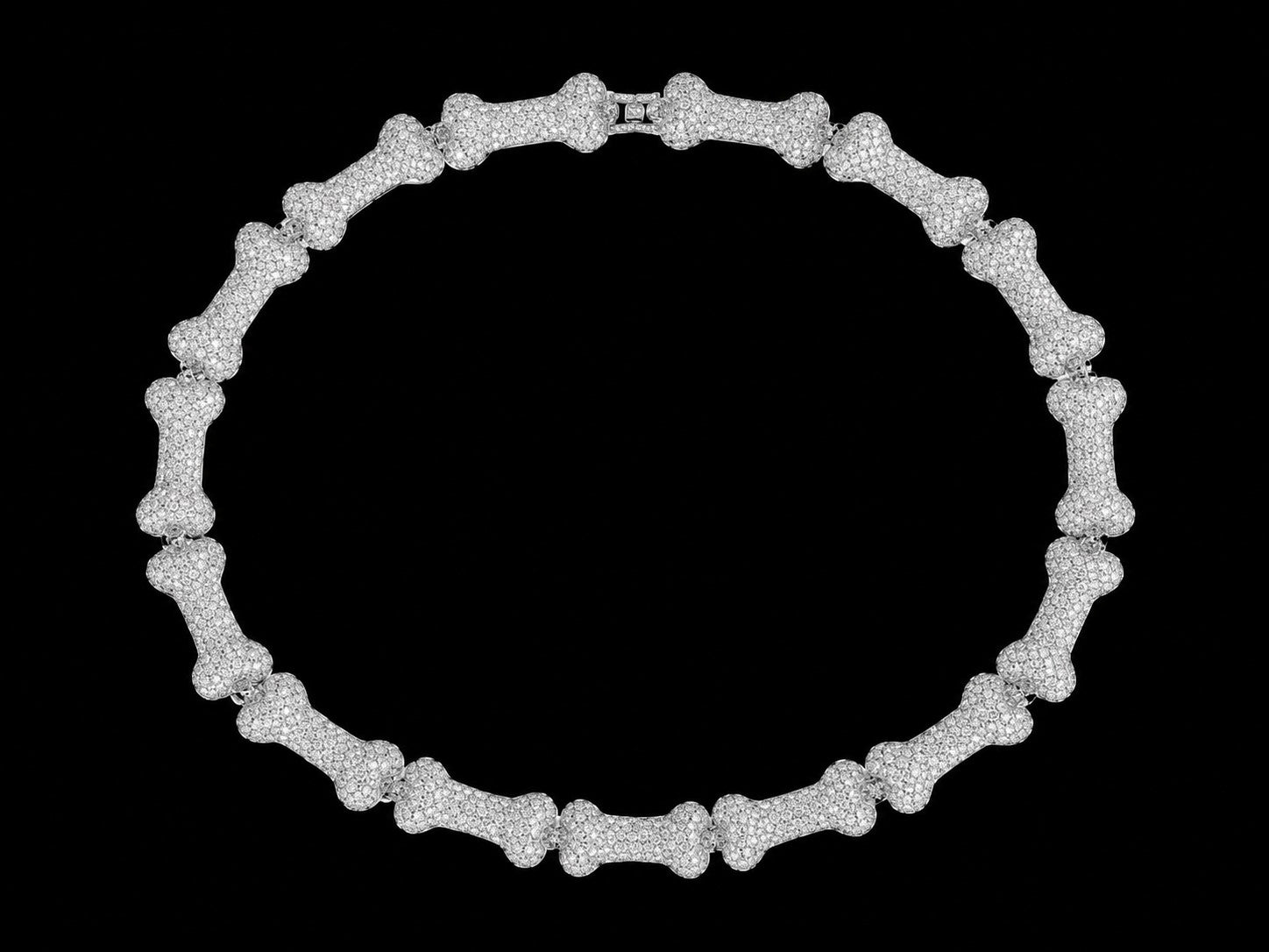 Petey's jewelry iced out silver bone link chain necklace for men featuring sparkling zircon stones in hip hop style.