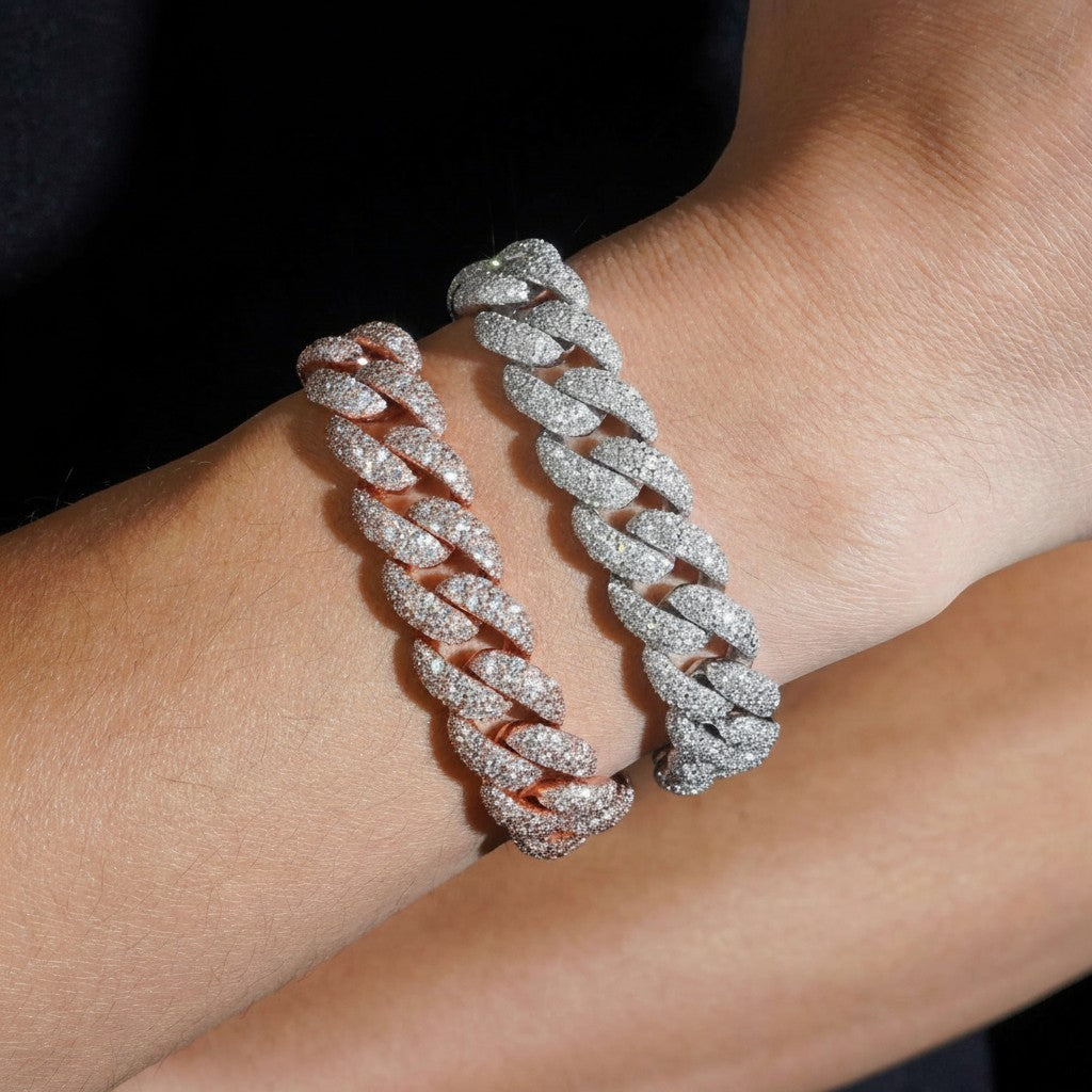 Petey's jewelry 14mm iced out Cuban link bracelets in rose gold and silver, featuring claw-set moissanite stones.