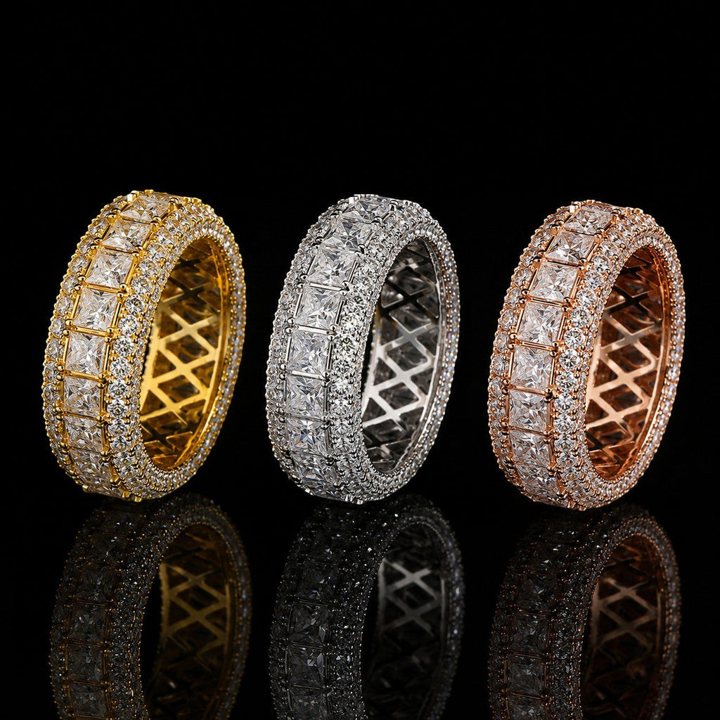 Petey's jewelry luxury iced out moissanite ring in gold, silver, and rose gold finishes. Features square-cut center stones and pave-set accent stones.