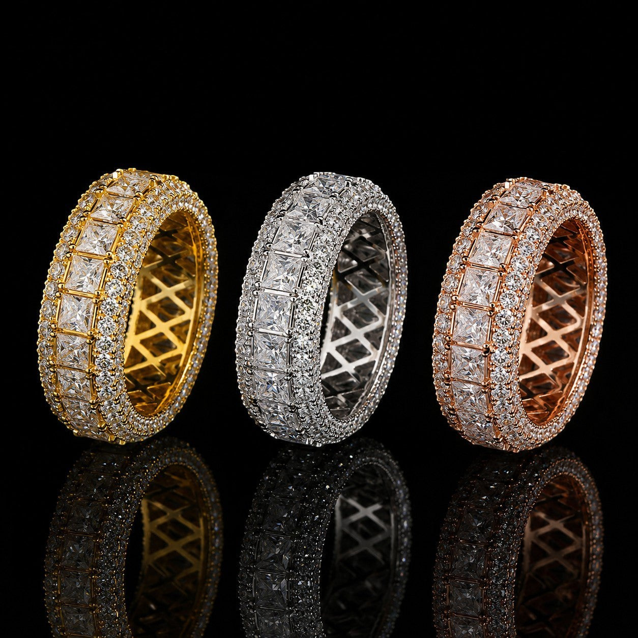 Petey's jewelry luxury iced out moissanite ring in gold, silver, and rose gold finishes. Features square-cut center stones and pave-set accent stones.
