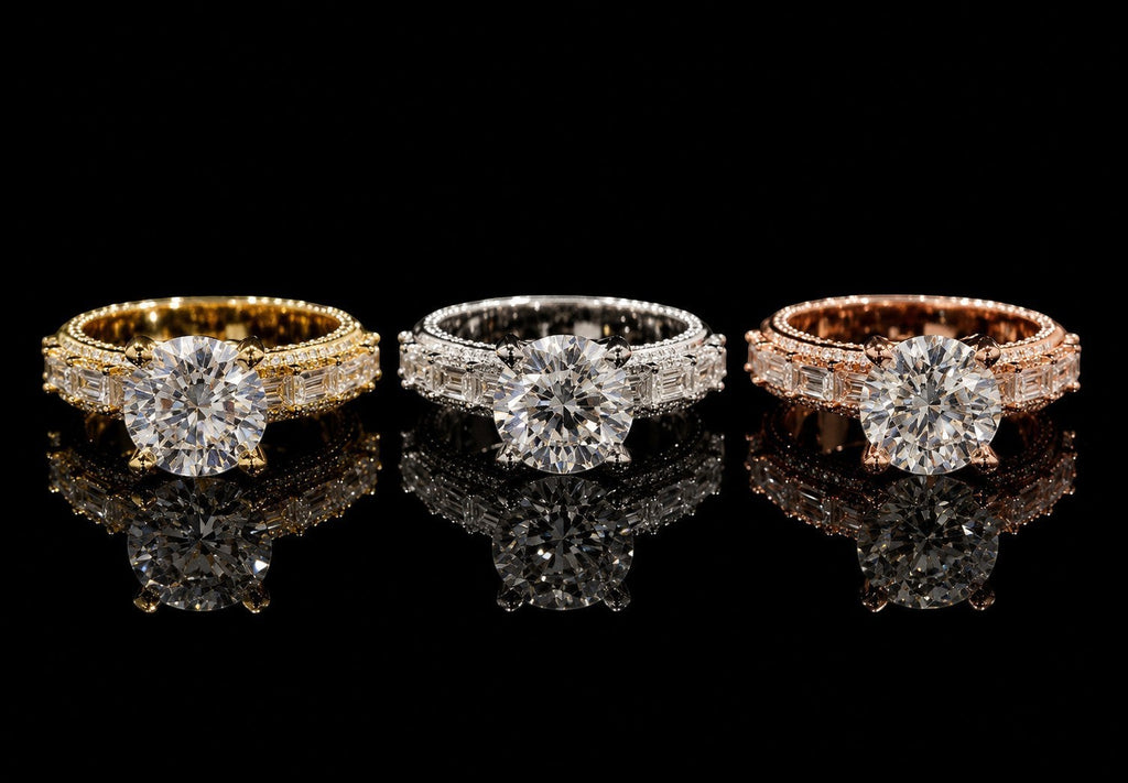 Petey's jewelry three iced out moissanite rings in gold, silver, and rose gold finishes with baguette and round cut stones.