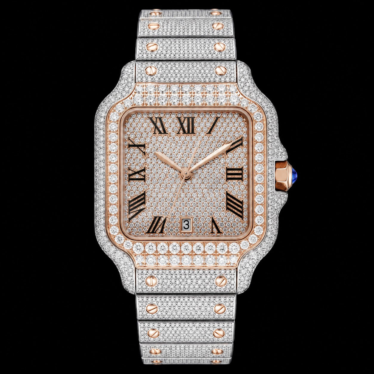 Petey's jewelry fully iced-out moissanite watch with Roman numerals and date window. Rose gold and silver tones.