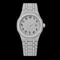 Petey's jewelry iced out men's automatic watch with VVS moissanite, sapphire crystal, and Arabic numerals on dial.