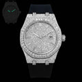 Petey's jewelry fully iced-out luxury watch with VVS moissanite stones and black silicone band. Passes diamond tester.