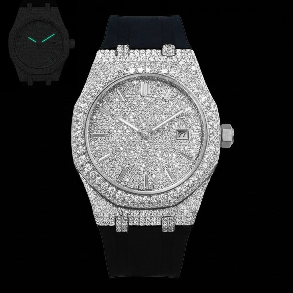 Petey's jewelry fully iced-out luxury watch with VVS moissanite stones and black silicone band. Passes diamond tester.