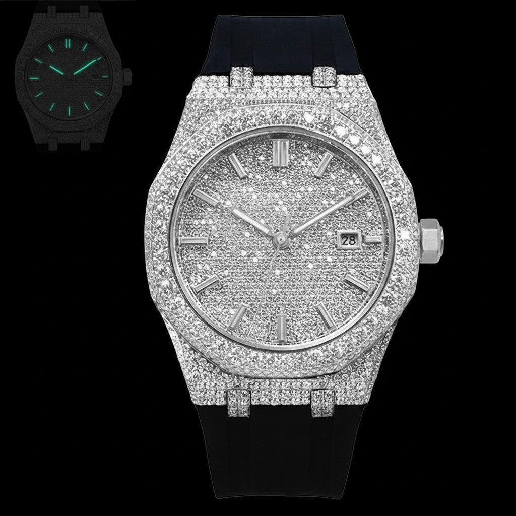Petey's jewelry fully iced-out luxury watch with VVS moissanite stones and a black silicone band. Features a date window and luminous hands.