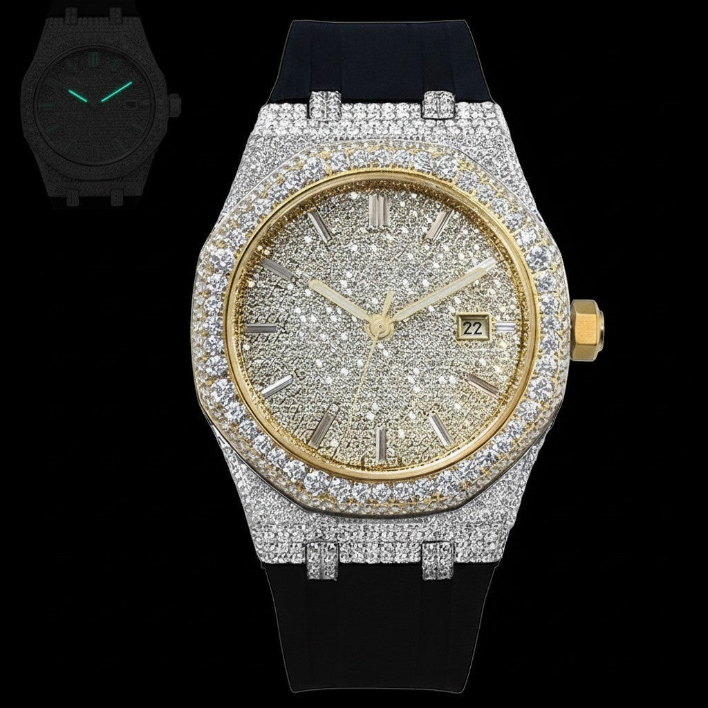 Petey's jewelry iced-out luxury watch with VVS moissanite stones, gold dial, date window, and black silicone band.