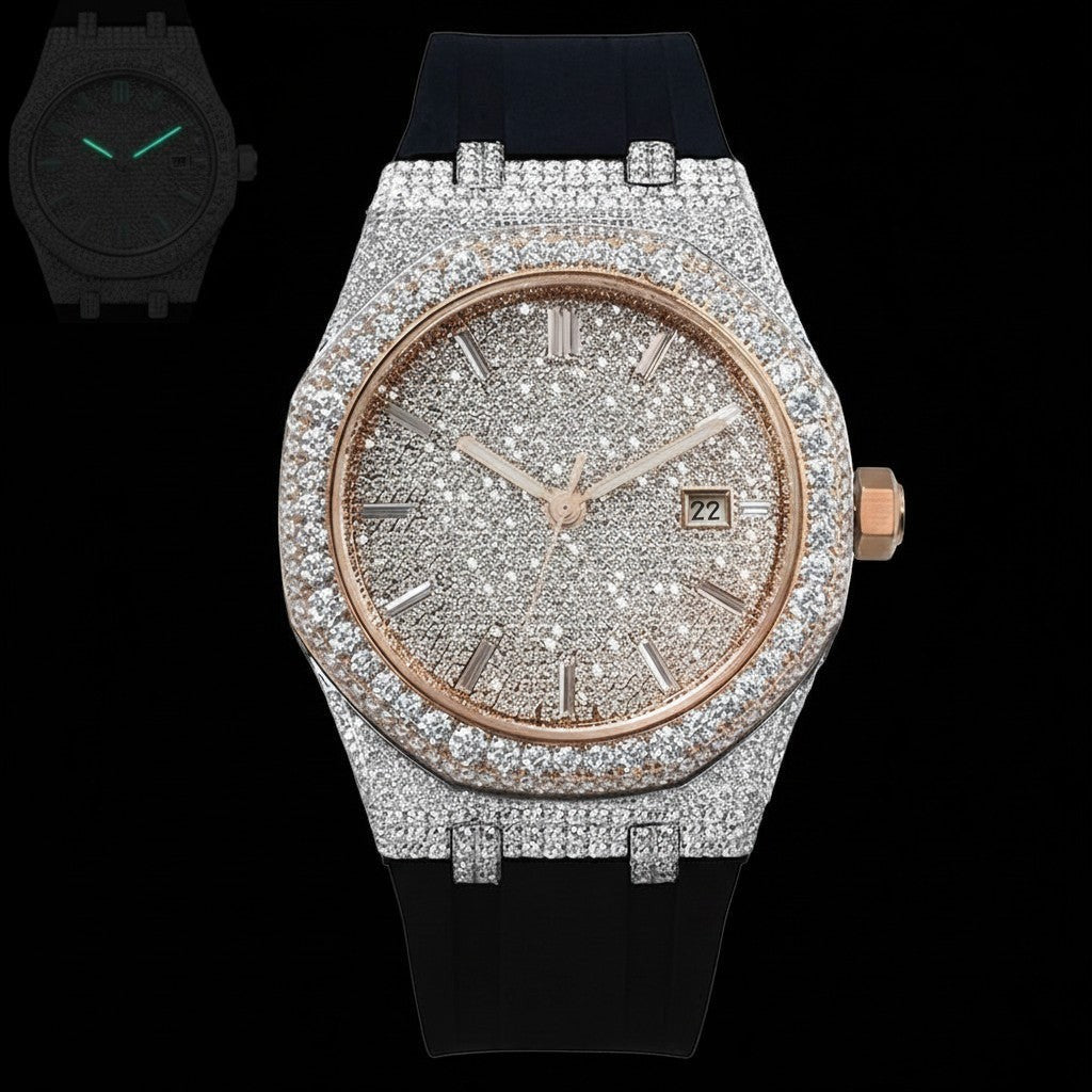 Petey's jewelry fully iced-out luxury watch with VVS moissanite stones, rose gold bezel, and black silicone band. Features a date window.