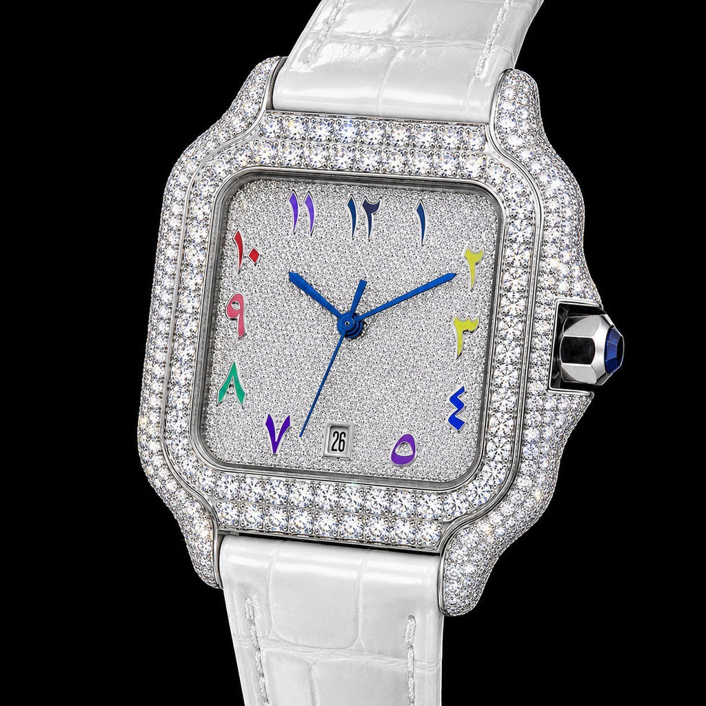Petey's jewelry iced-out square watch with rainbow Arabic numerals, VVS moissanite, and white band. Passes diamond tester.