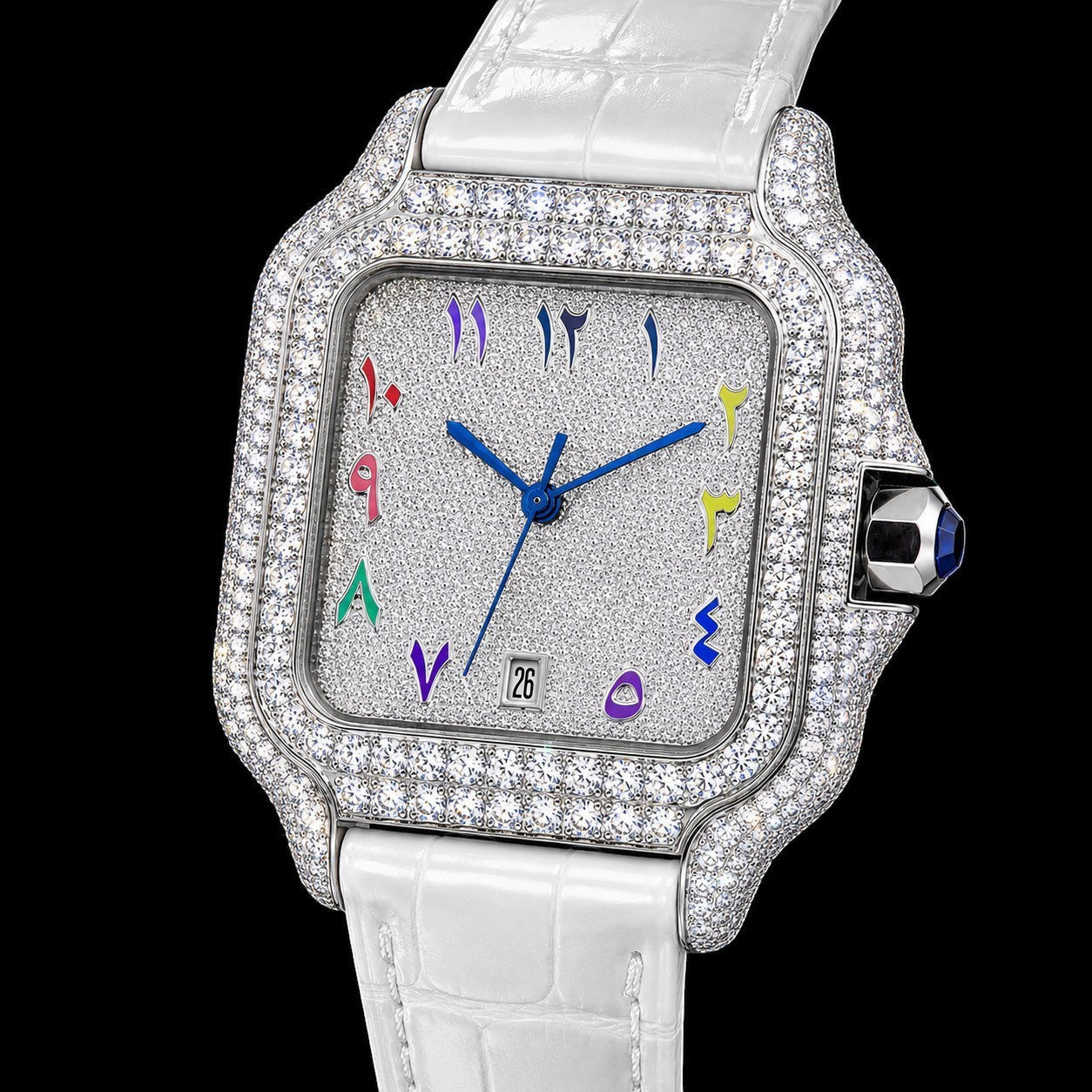 Petey's jewelry iced-out square watch with rainbow Arabic numerals, VVS moissanite, and white band. Passes diamond tester.