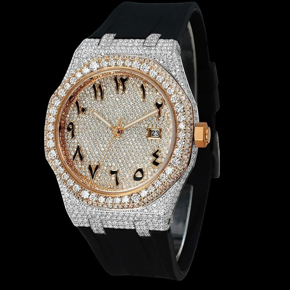 Petey's jewelry iced-out moissanite watch with Arabic numerals on a black silicone band. Features VVS moissanite stones and a date window.