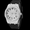 Petey's jewelry iced-out moissanite watch with Arabic numerals and black silicone band. Features VVS moissanite stones and a date window.