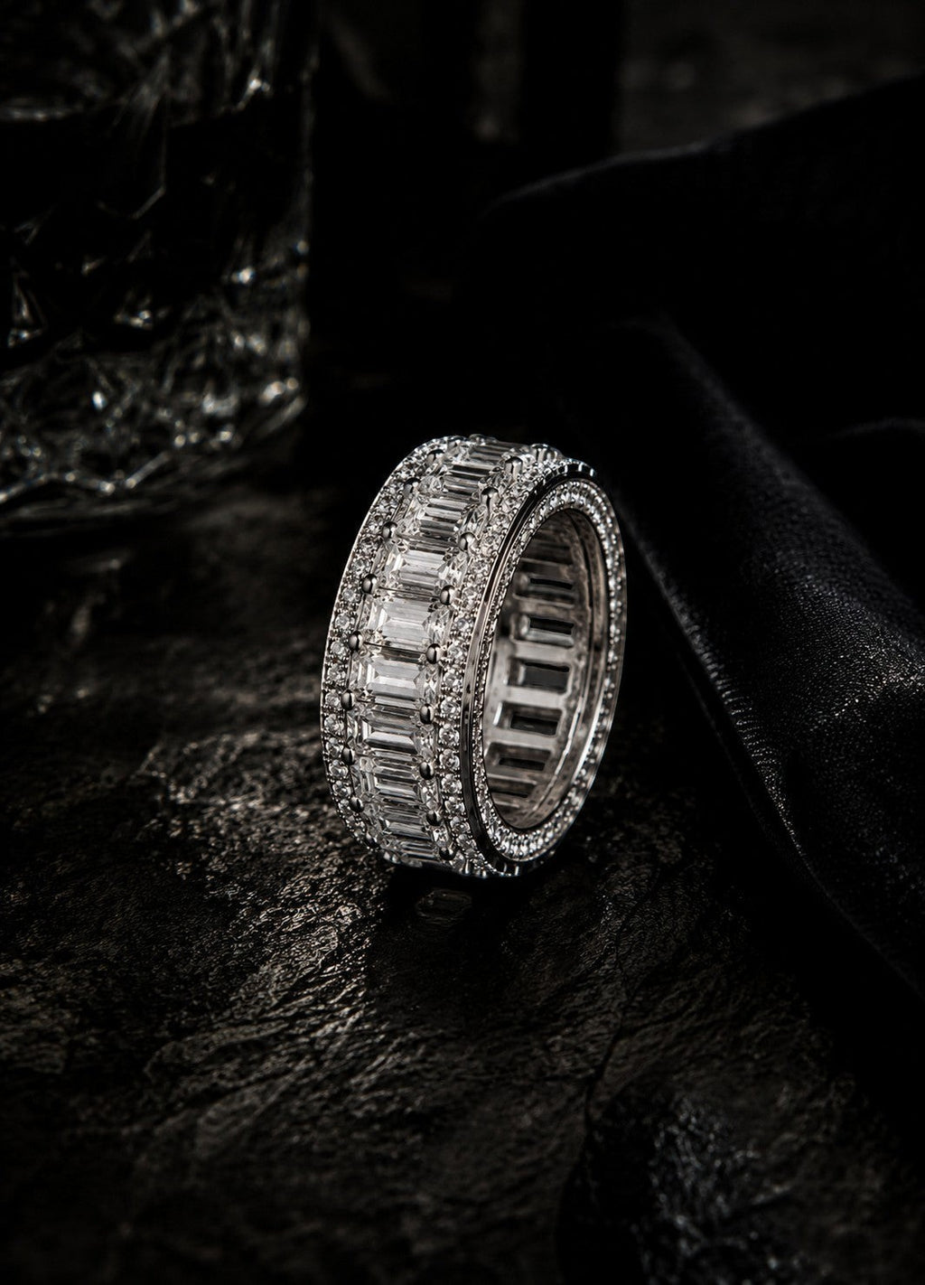 Petey's jewelry luxury women's full diamond moissanite ring with baguette and round cut stones, 925 silver.
