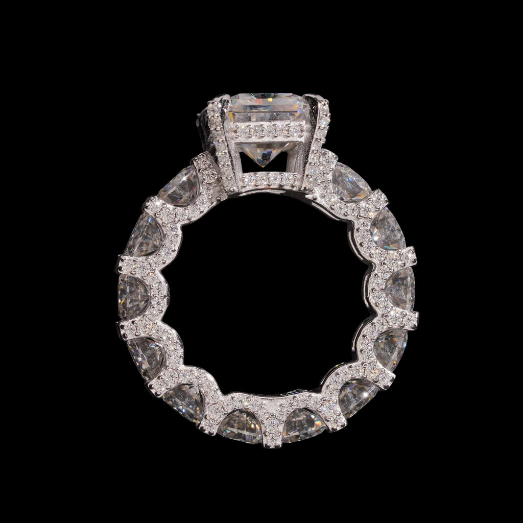 Petey's jewelry radiant cut moissanite engagement ring in sterling silver with pave setting