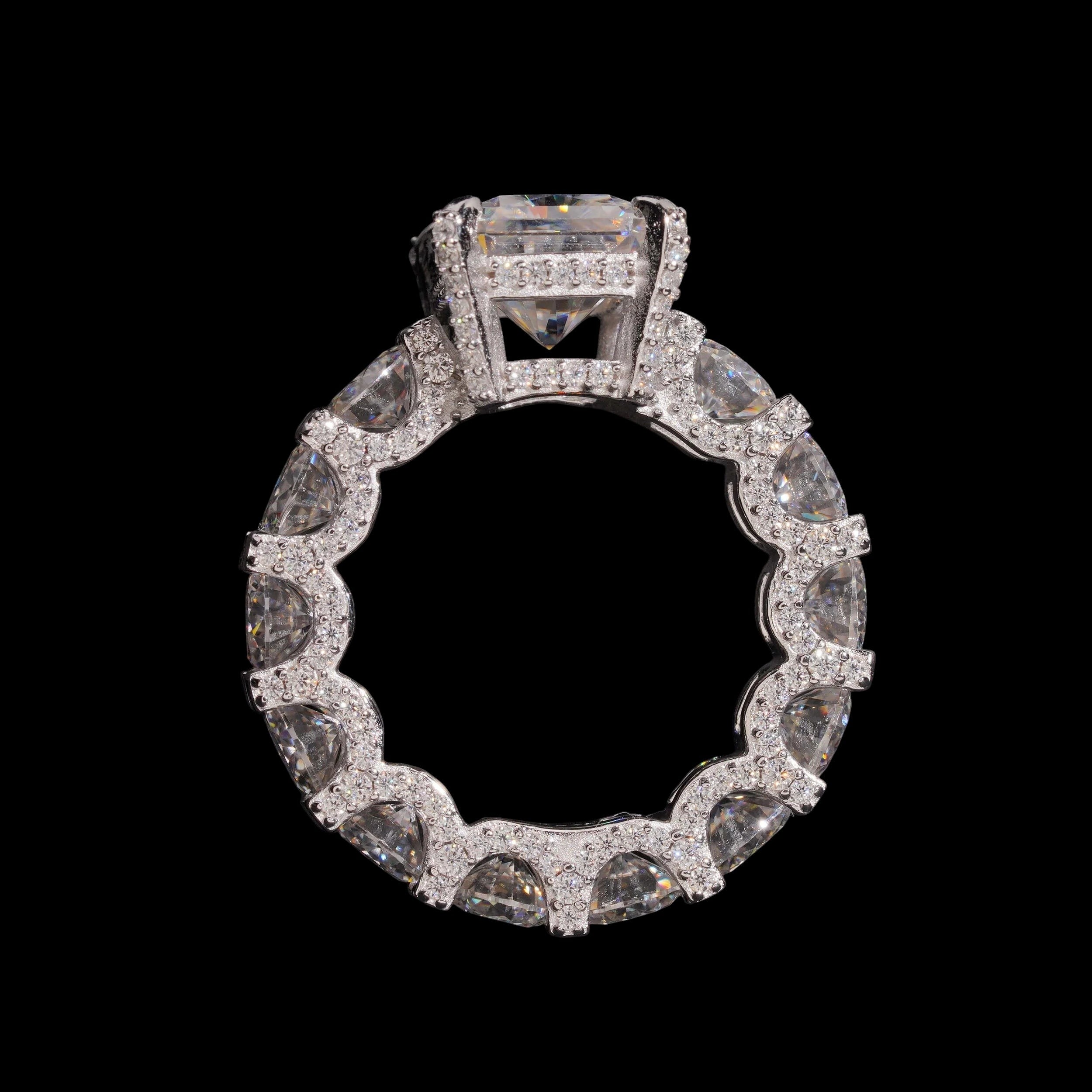 Petey's jewelry radiant cut moissanite engagement ring in sterling silver with pave setting