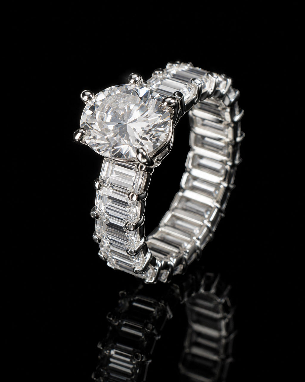 Petey's jewelry luxury women's ring with a large round VVS moissanite center stone and a band of baguette-cut moissanite stones.