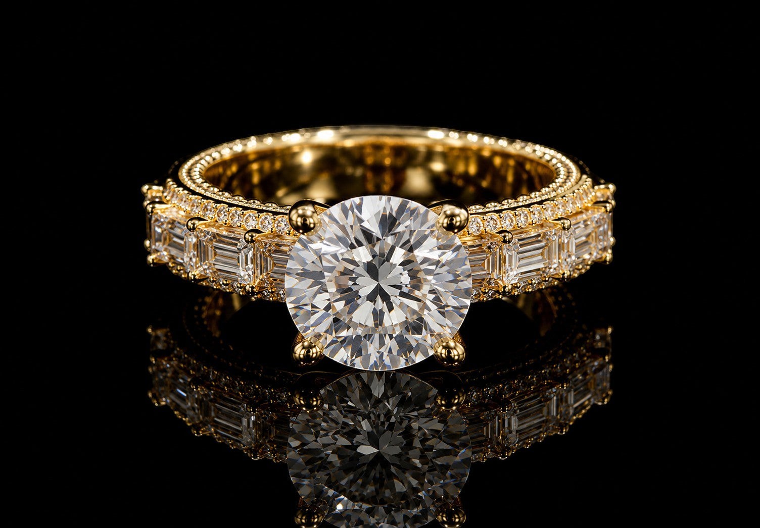 Petey's jewelry luxury women's 925 silver ring with large round VVS moissanite center stone and baguette side stones.
