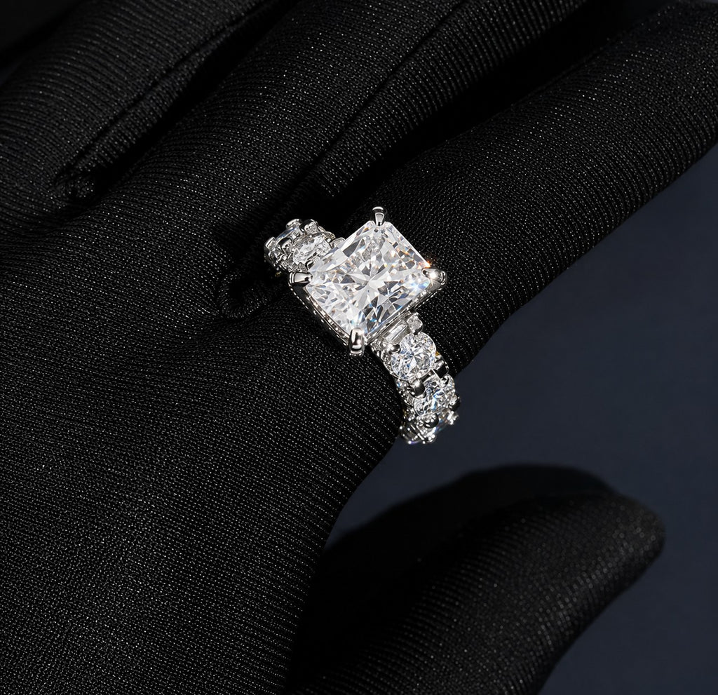 Petey's jewelry radiant cut moissanite engagement ring in sterling silver with pave band