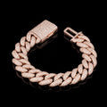 Petey's jewelry 14mm iced out Cuban link bracelet in rose gold plated 925 sterling silver with moissanite stones.