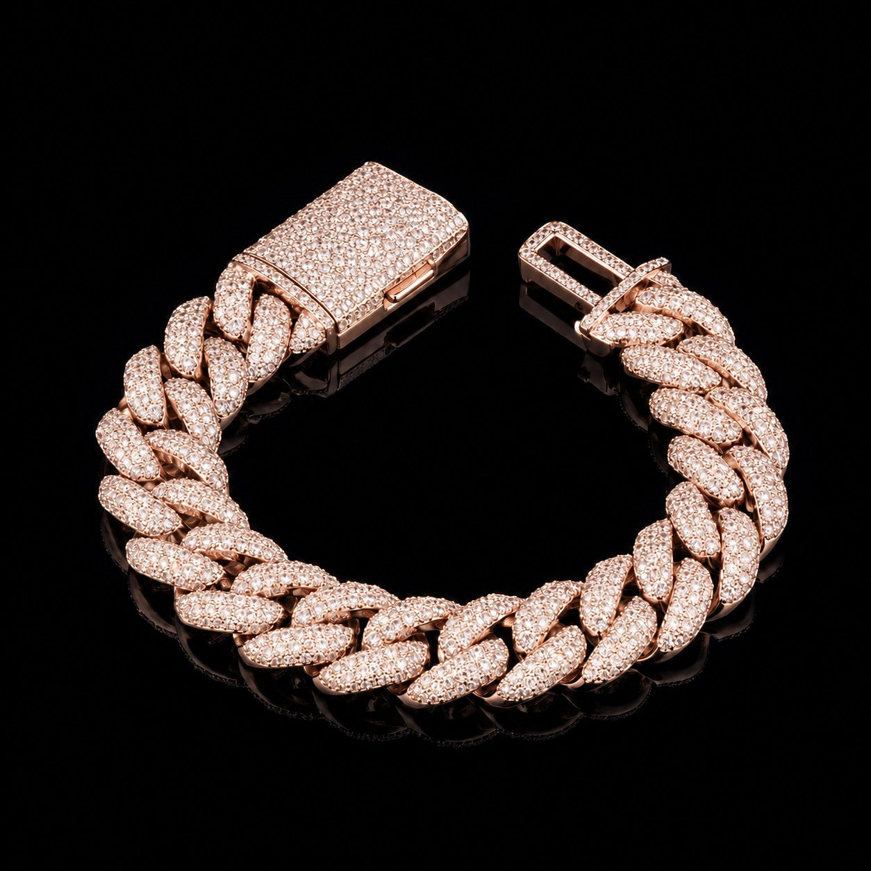 Petey's jewelry 14mm iced out Cuban link bracelet in rose gold plated 925 sterling silver with moissanite stones.