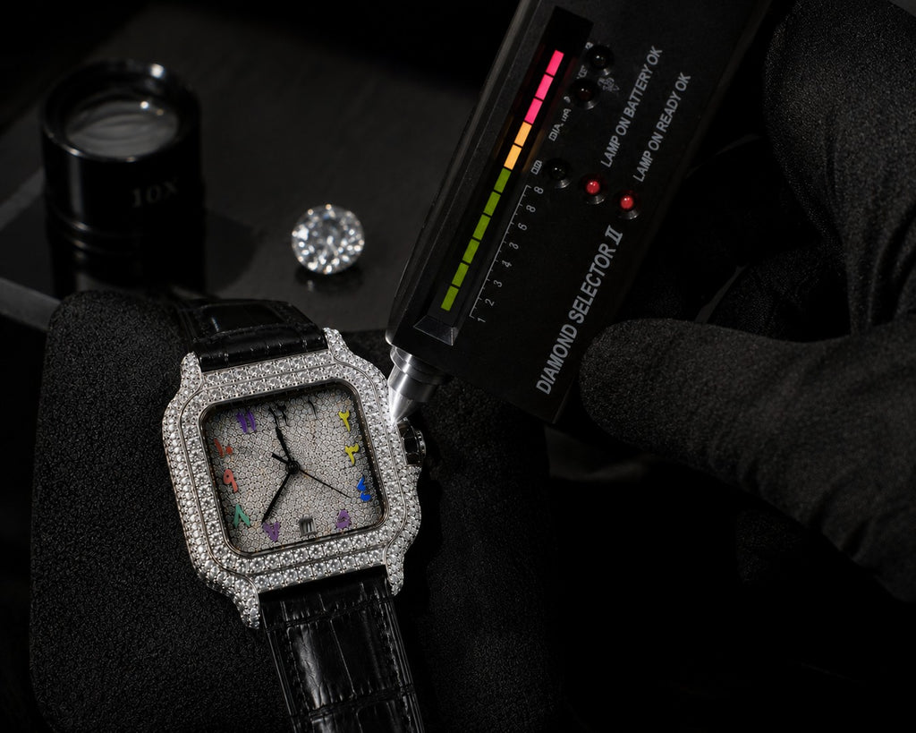 Petey's jewelry Silver Arabic Moissanite Rainbow Watch with black band, fully iced out with VVS moissanite stones and colorful Arabic numerals.
