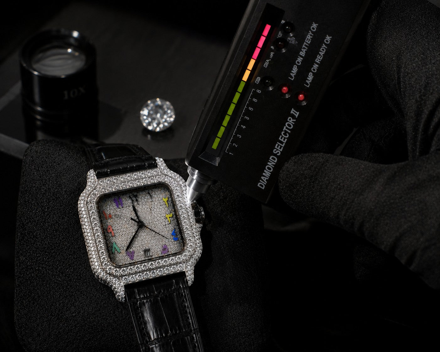 Petey's jewelry Silver Arabic Moissanite Rainbow Watch with black band, fully iced out with VVS moissanite stones and colorful Arabic numerals.