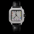 Petey's jewelry Silver Arabic Moissanite Rainbow Watch with black band, fully iced-out with VVS moissanite stones and colorful numerals.