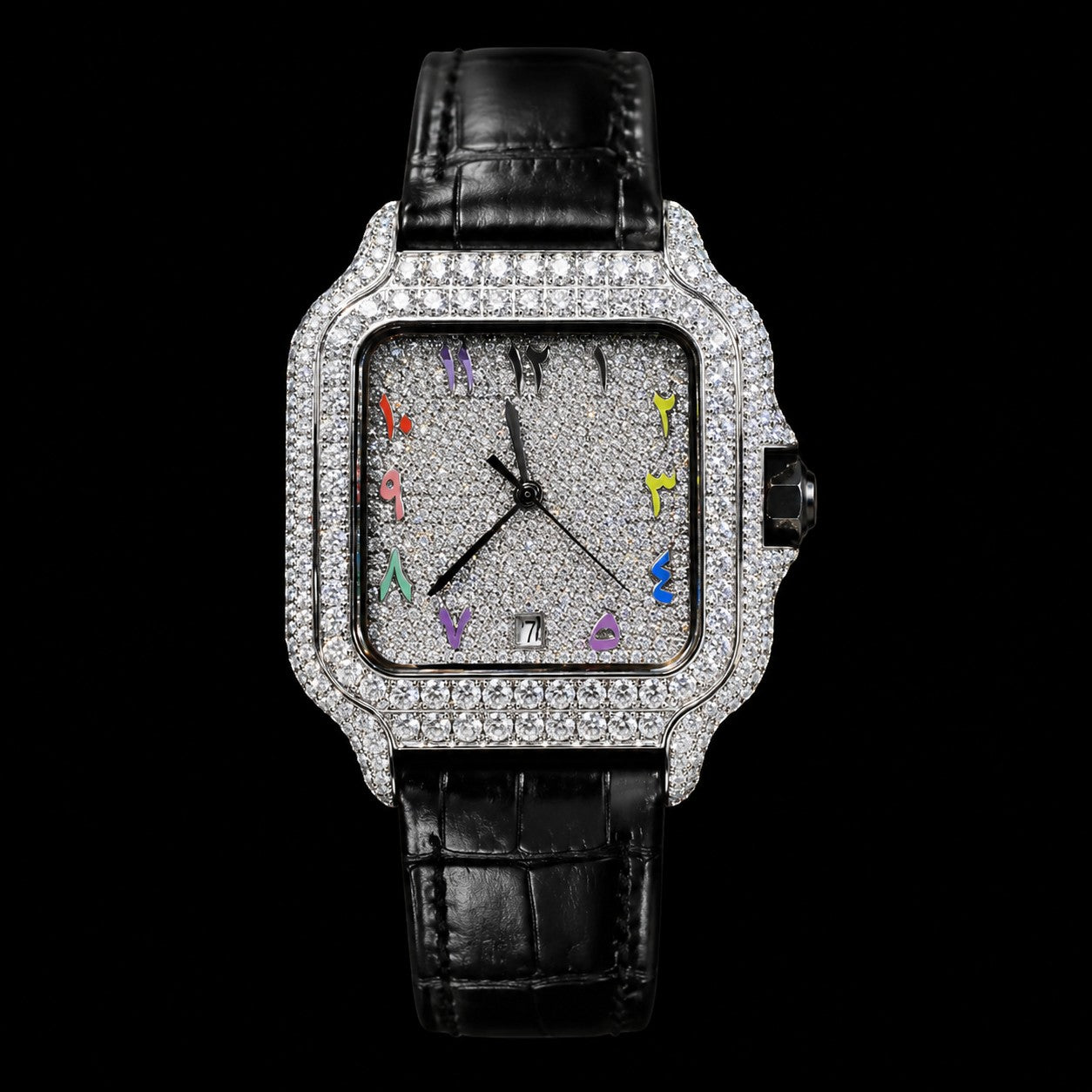 Petey's jewelry Silver Arabic Moissanite Rainbow Watch with black band, fully iced-out with VVS moissanite stones and colorful numerals.