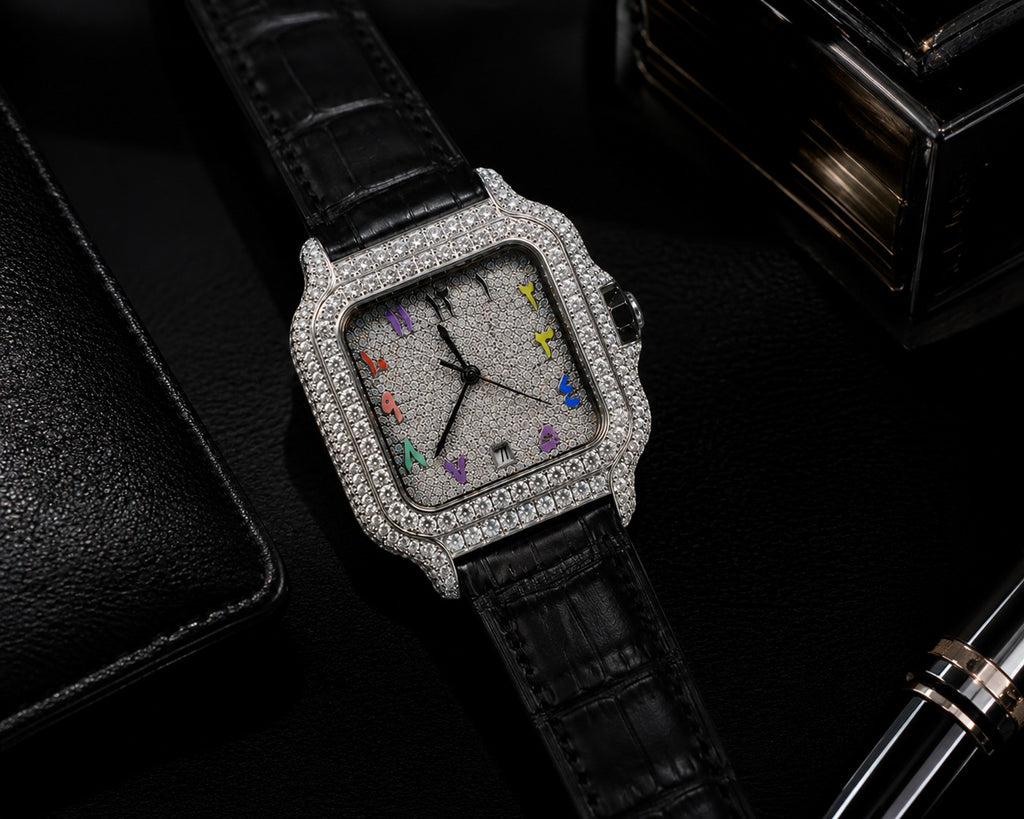 Petey's jewelry Silver Arabic Moissanite Rainbow Watch with black band, fully iced-out with VVS moissanite stones and colorful Arabic numerals.