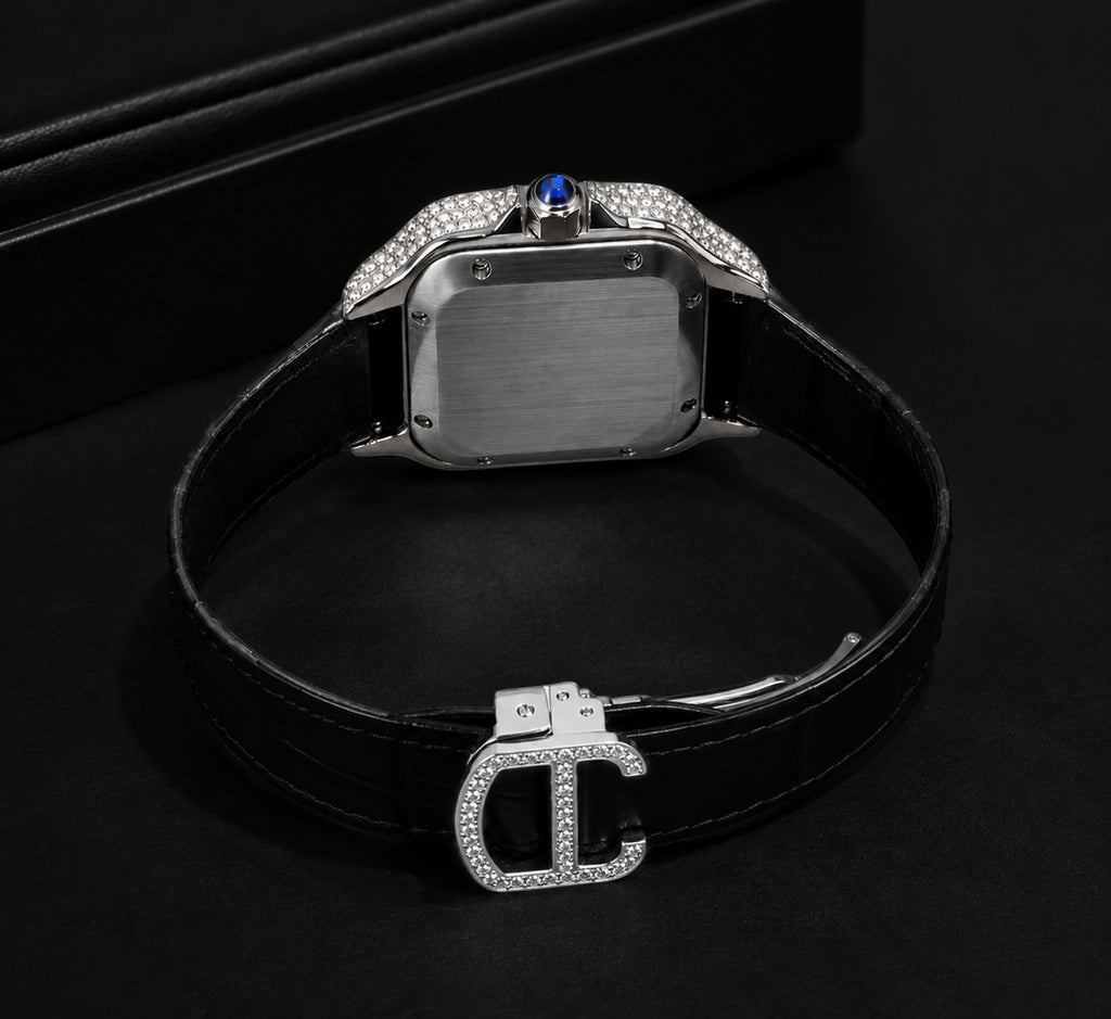 Petey's jewelry Silver Arabic Moissanite Rainbow Watch with black band, fully iced-out with VVS moissanite stones and colorful Arabic numerals.