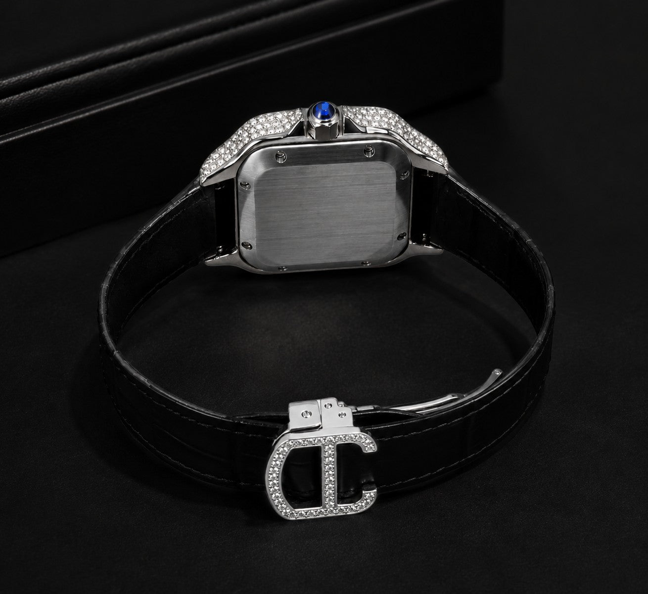 Petey's jewelry Silver Arabic Moissanite Rainbow Watch with black band, fully iced-out with VVS moissanite stones and colorful Arabic numerals.