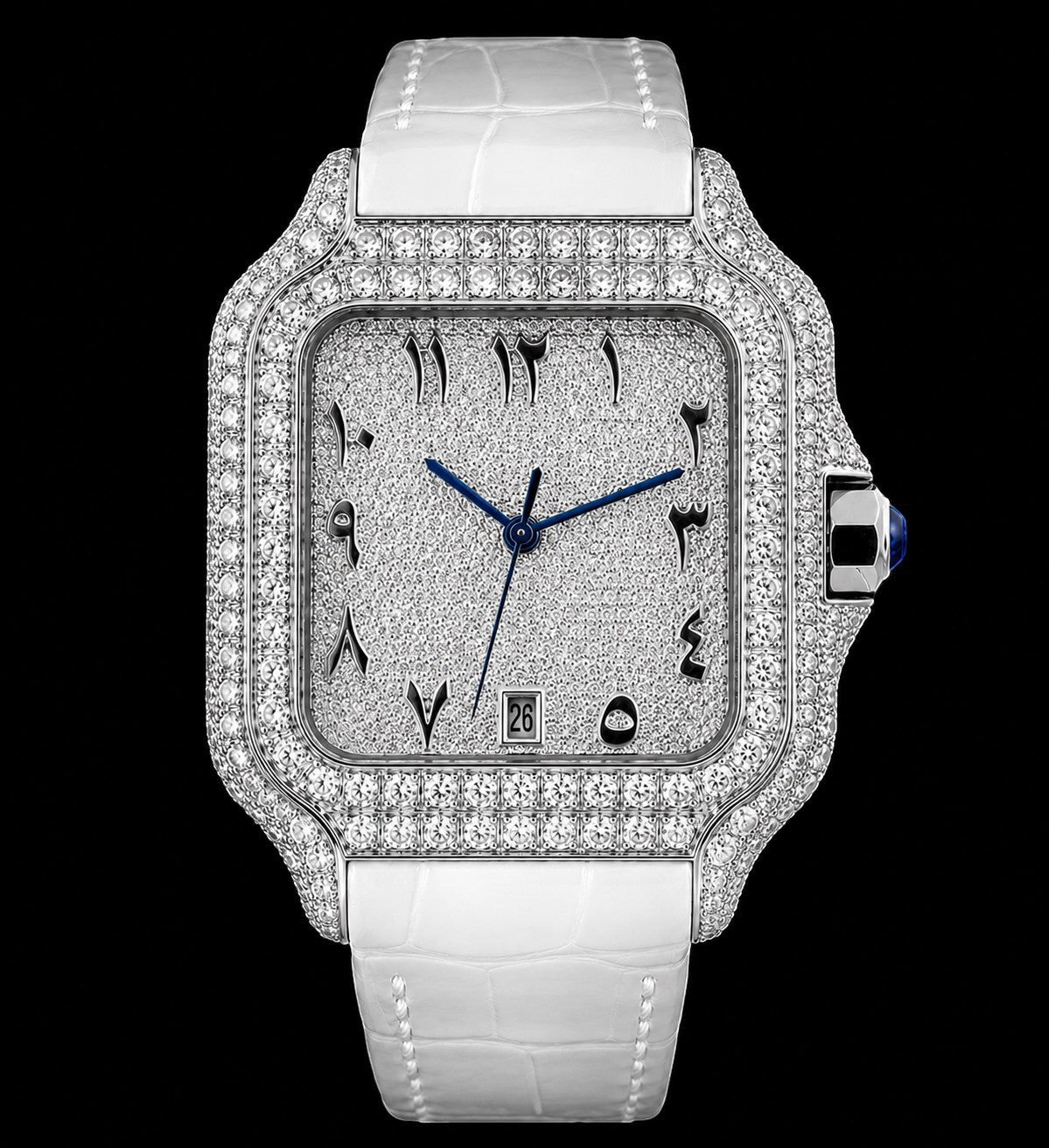 Petey's jewelry Silver Arabic Moissanite Watch with white band, diamond-encrusted bezel, and blue hands. Features Arabic numerals and date window.