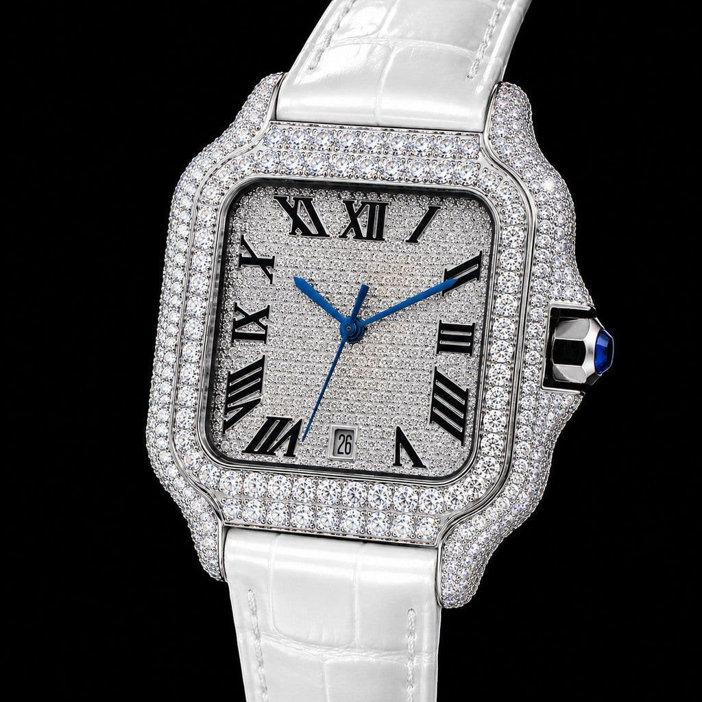 Petey's jewelry Silver moissanite iced-out square watch with white band and Roman numerals. Features a date window.