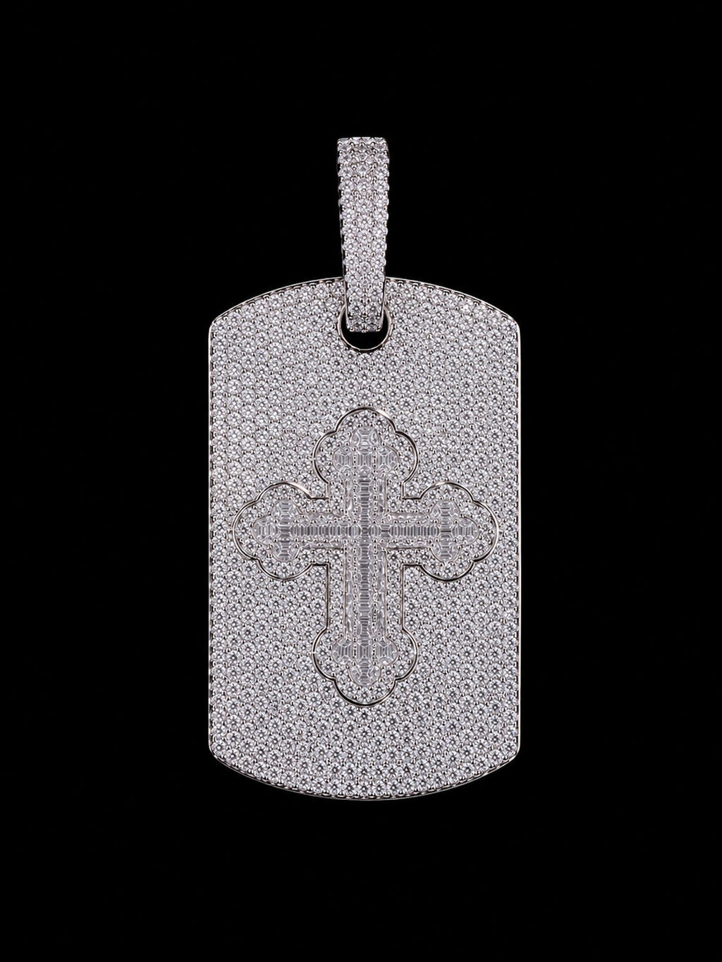 Petey's jewelry hip hop dog tag pendant in 925 sterling silver featuring a detailed cross and VVS moissanite stones.