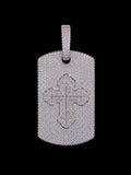 Petey's jewelry hip hop dog tag pendant in 925 sterling silver featuring a detailed cross and VVS moissanite stones.