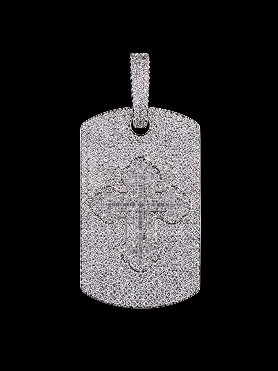 Petey's jewelry hip hop dog tag pendant in 925 sterling silver featuring a detailed cross and VVS moissanite stones.