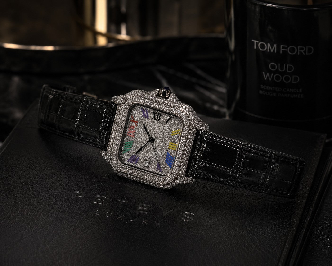 Petey's jewelry Silver moissanite iced-out square watch with colorful Arabic numerals and black band.