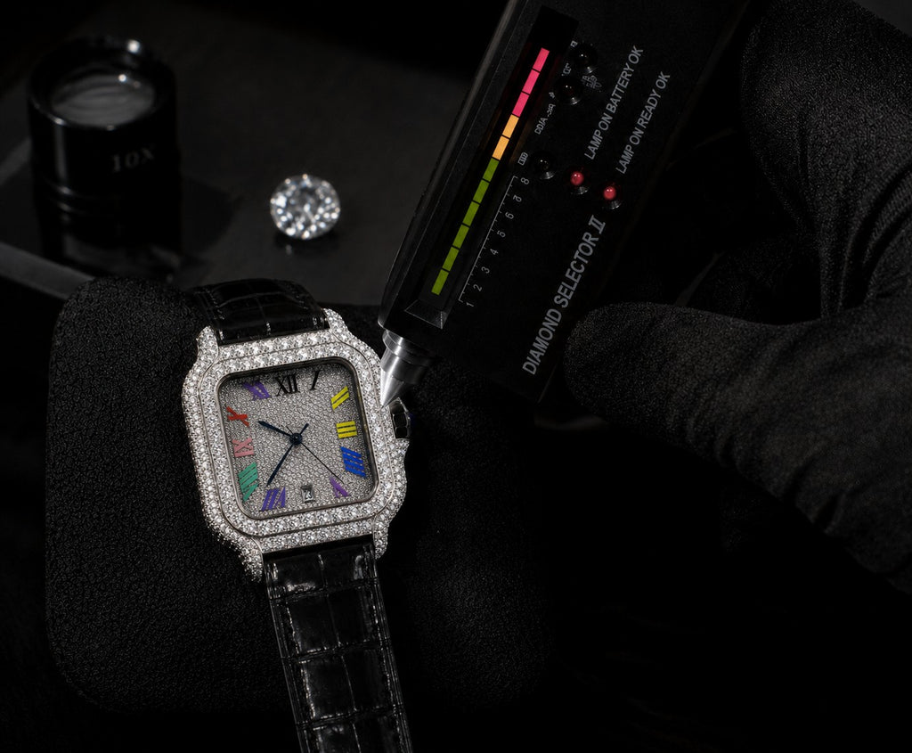 Petey's jewelry Silver moissanite iced-out square watch with colorful Arabic numerals and black band.