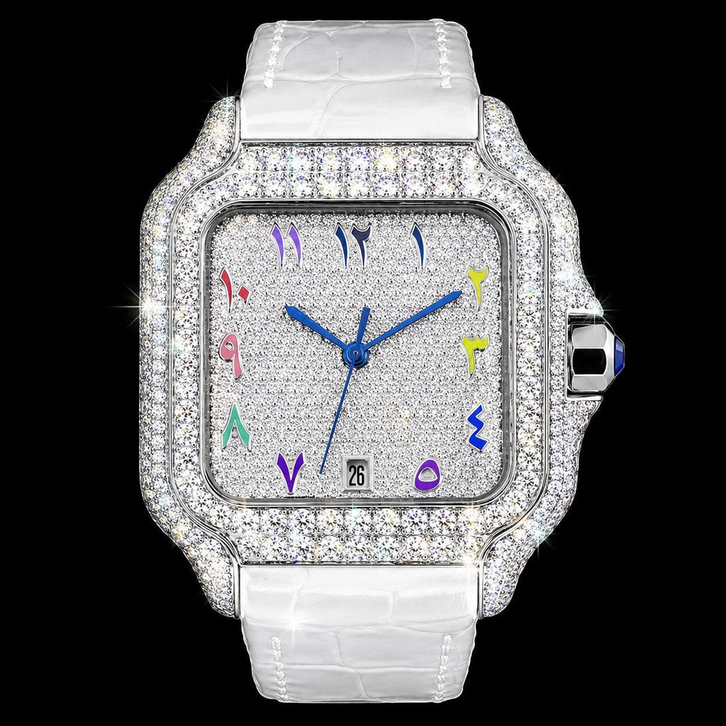 Petey's jewelry Silver moissanite iced-out square watch with colorful Arabic numerals and white band.