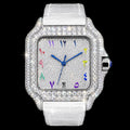 Petey's jewelry Silver moissanite iced-out square watch with colorful Arabic numerals and white band.